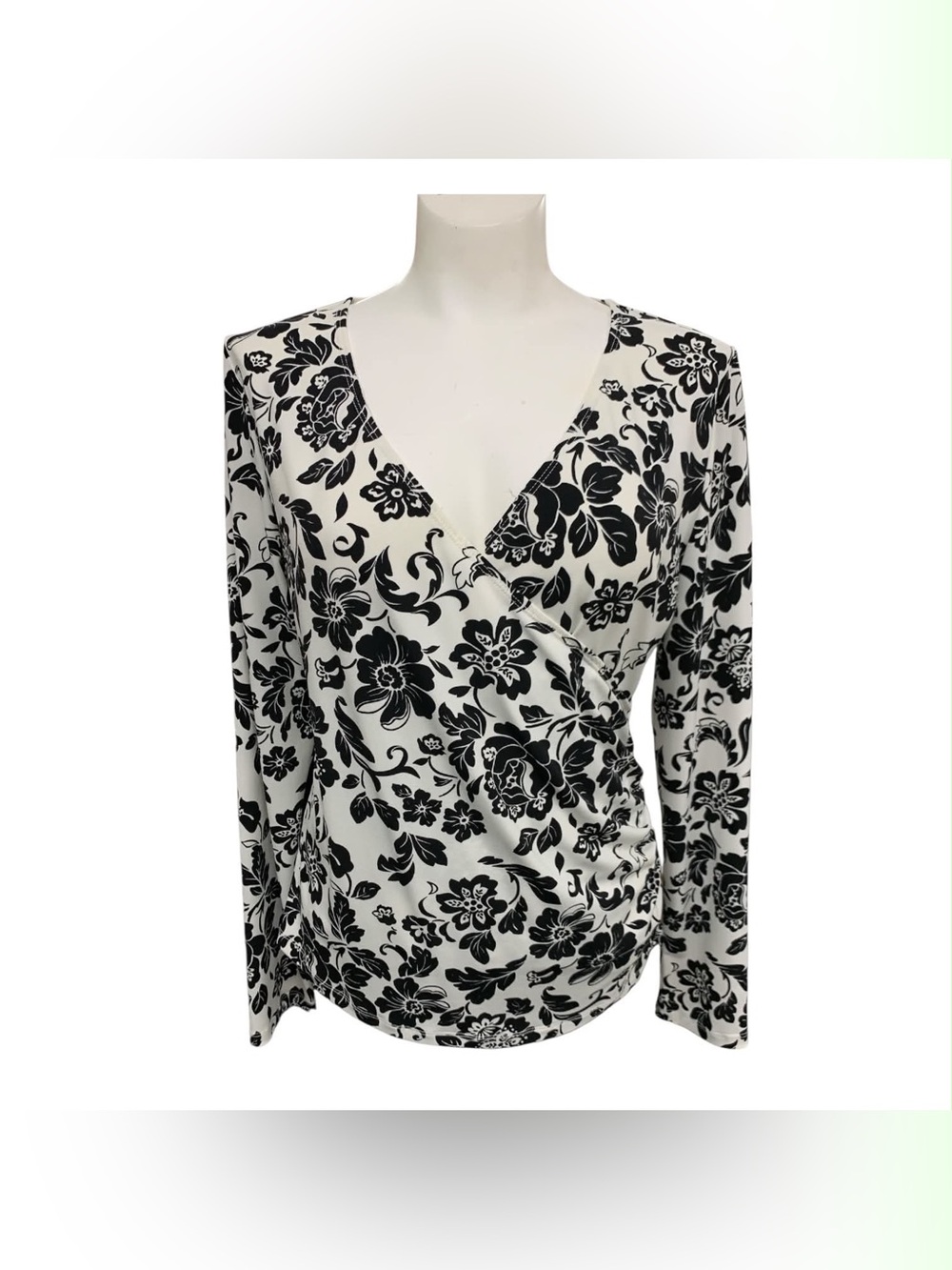 Danier Black & White Floral Wrap V-Neck Long Sleeve Top Size M